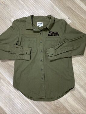 Vans Off The Wall Womens Medium Olive Green Military Snap Shirt Jacket Patches